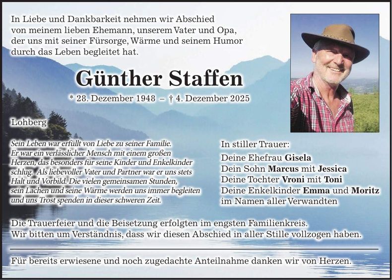 Traueranzeige Staffen Günther