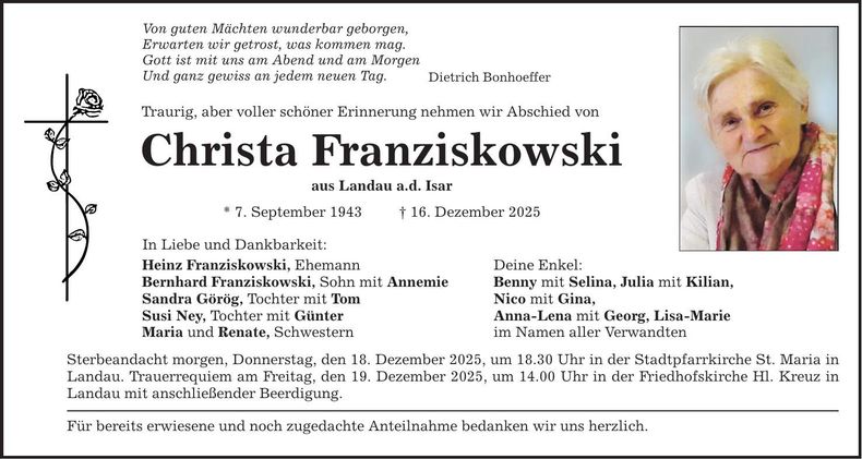 Traueranzeige Christa Franziskowski