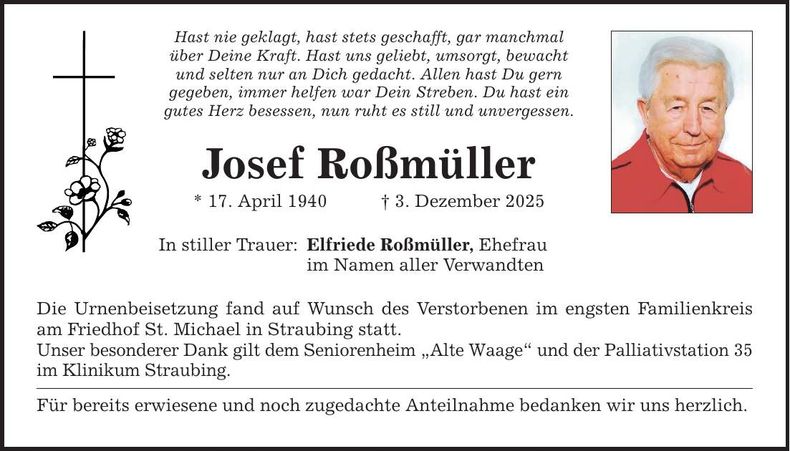 Traueranzeige Josef Roßmüller