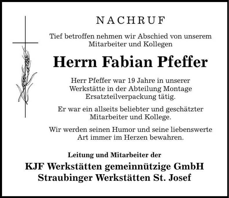 Traueranzeige Fabian Pfeffer