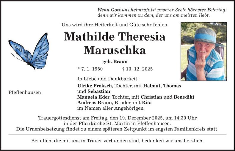 Traueranzeige Mathilde Theresia Maruschka