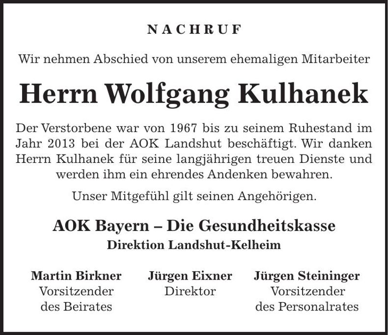Traueranzeige Wolfgang Kulhanek