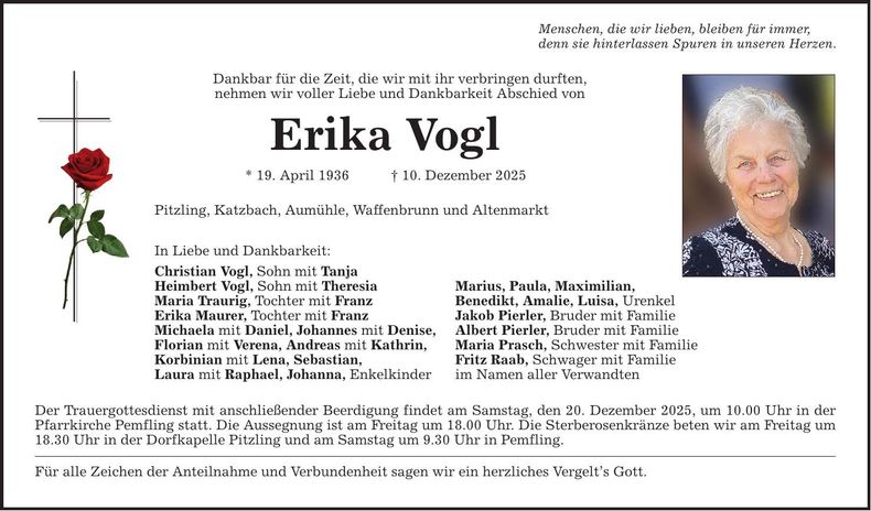 Traueranzeige Erika Vogl