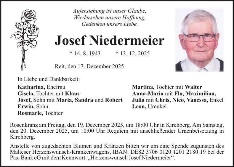 Traueranzeige Josef Niedermeier