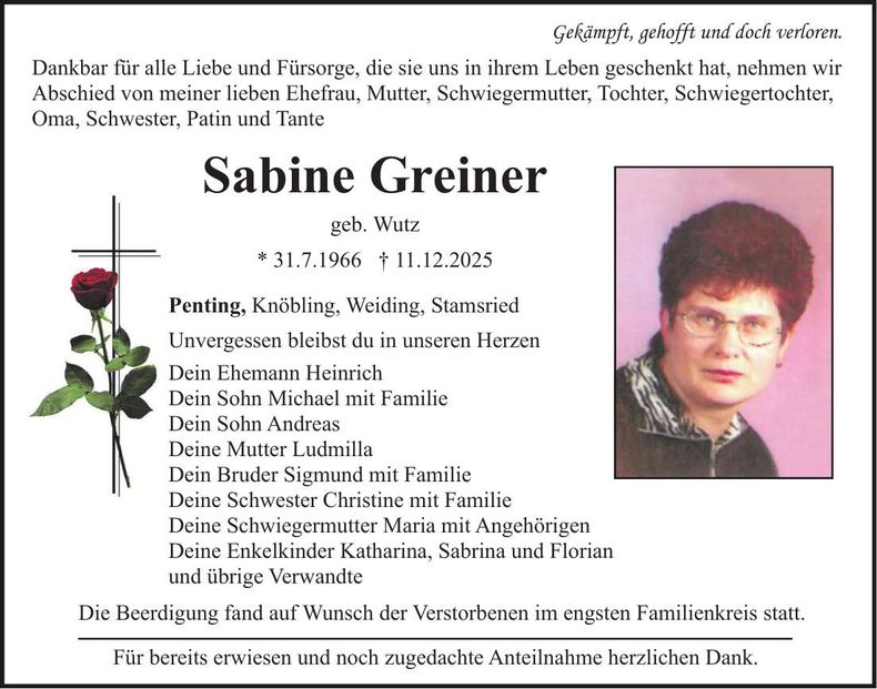 Traueranzeige Sabine Greiner