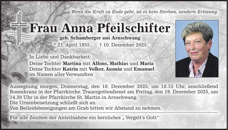 Traueranzeige Anna Pfeilschifter