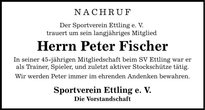 Traueranzeige Peter Fischer