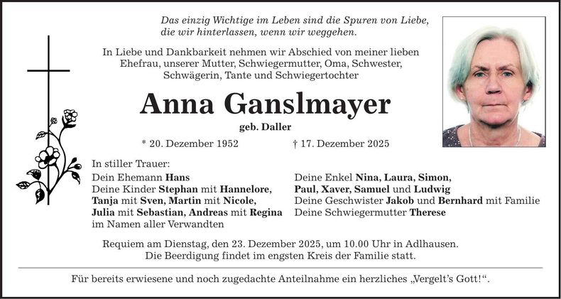 Traueranzeige Anna Ganslmayer