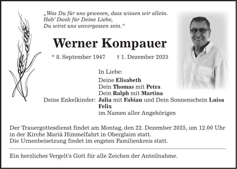 Traueranzeige Werner Kompauer