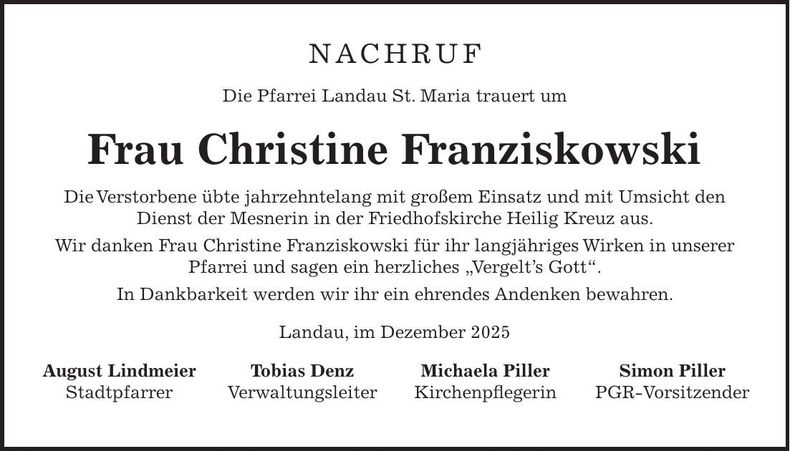 Traueranzeige Christine Franziskowski