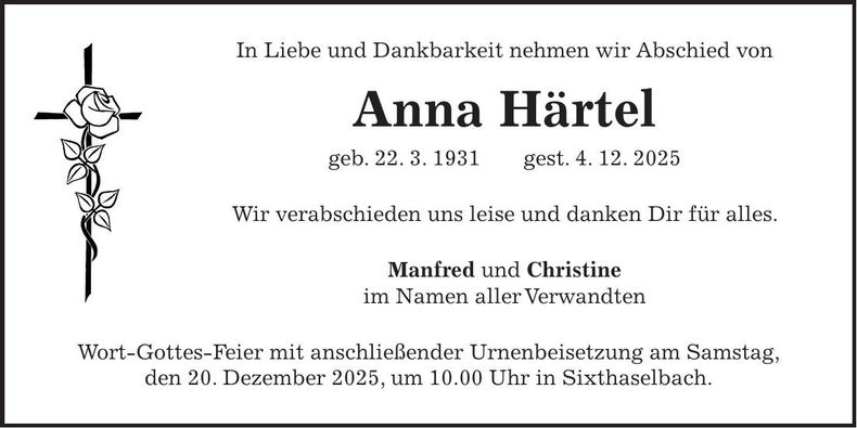 Traueranzeige Anna Härtel
