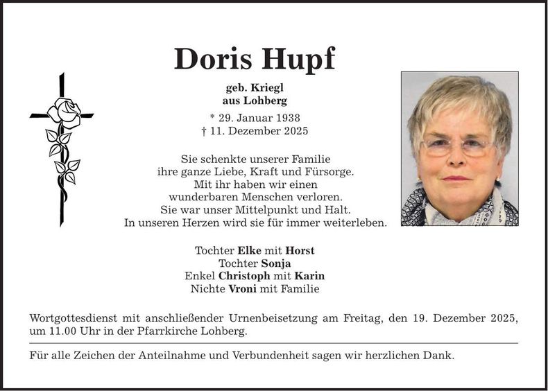 Traueranzeige Doris Hupf