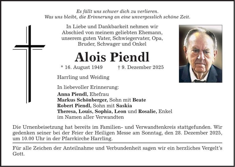 Traueranzeige Alois Piendl