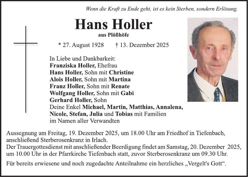 Traueranzeige Hans Holler