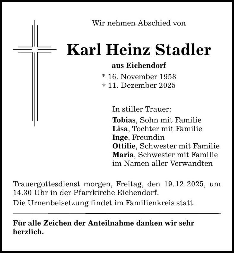 Traueranzeige Karl Heinz Stadler