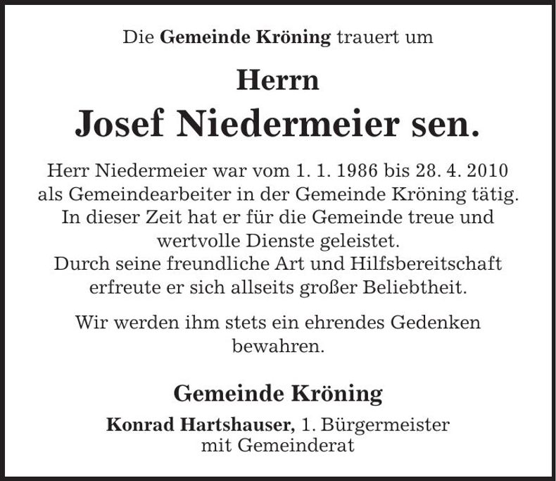 Traueranzeige Josef Niedermeier