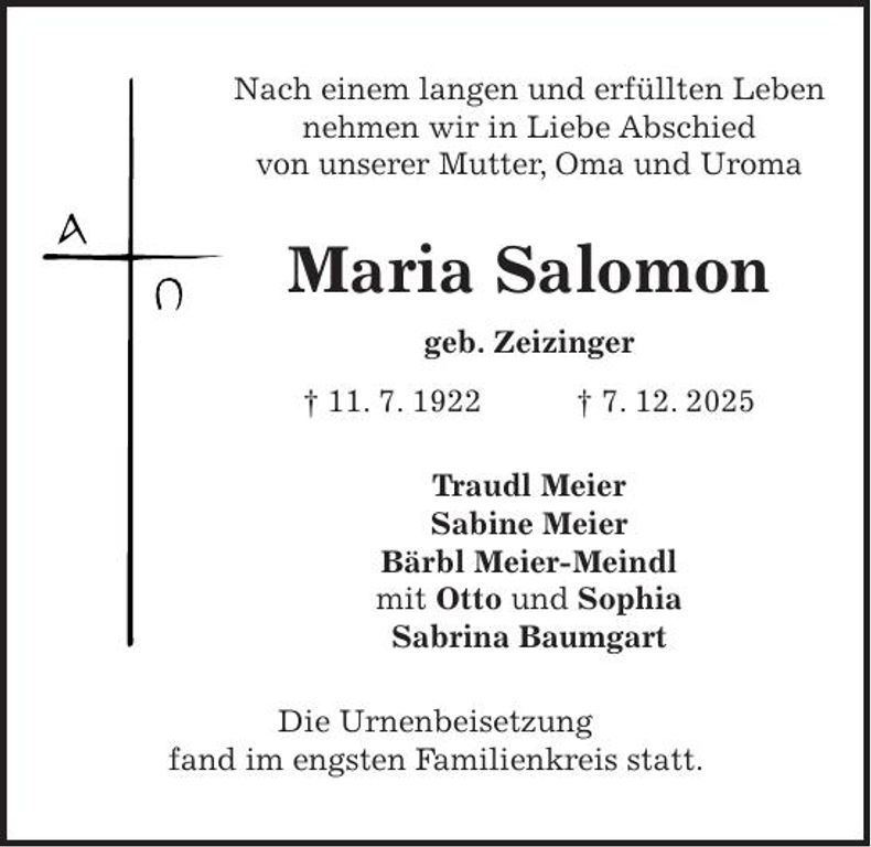 Traueranzeige Maria Salomon