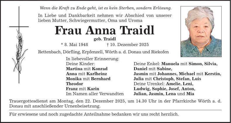 Traueranzeige Anna Traidl