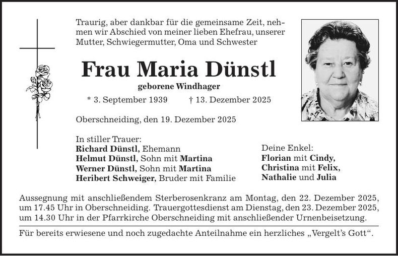 Traueranzeige Maria Dünstl