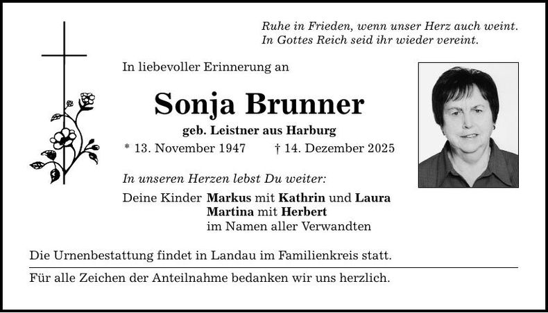 Traueranzeige Sonja Brunner