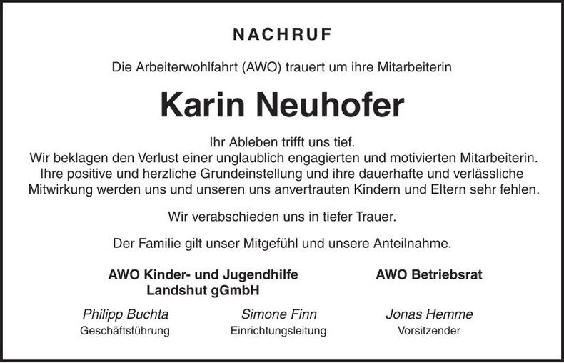 Traueranzeige Karin Neuhofer