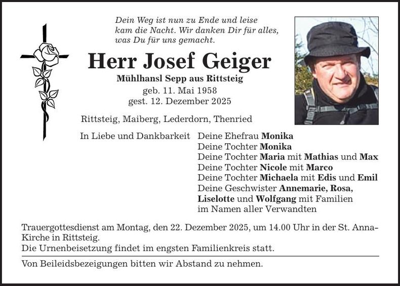 Traueranzeige Josef Geiger