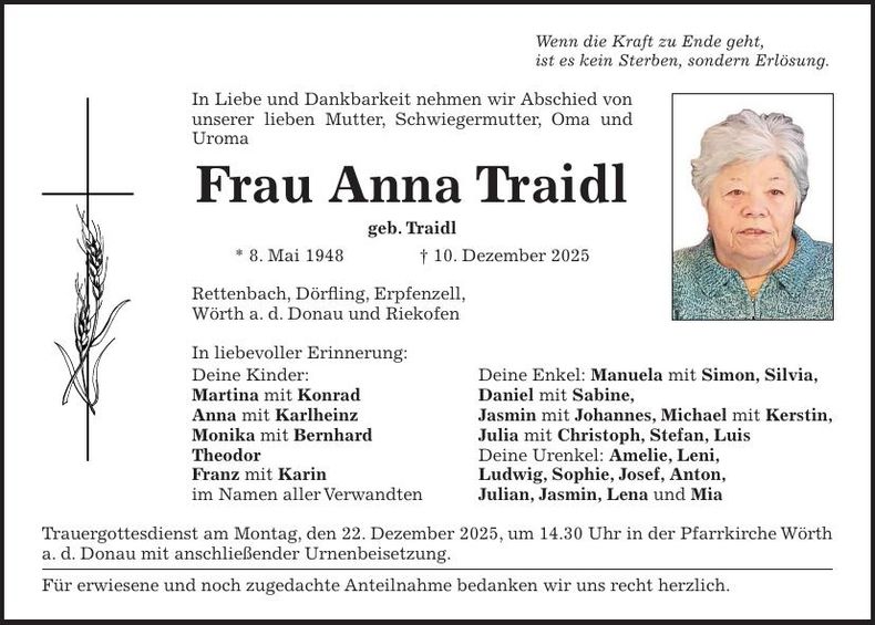 Traueranzeige Anna Traidl