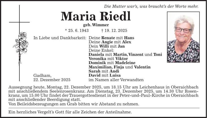 Traueranzeige Maria Riedl