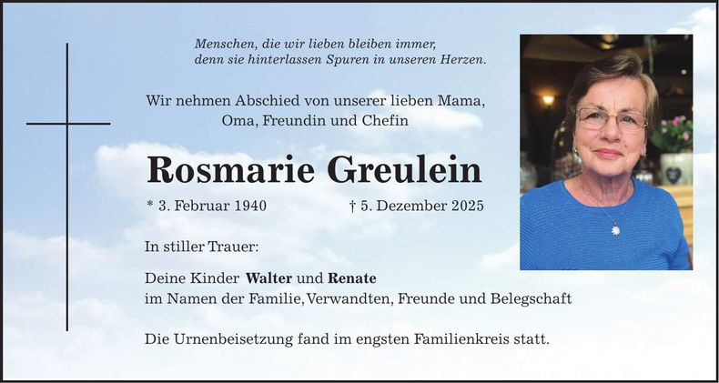 Traueranzeige Rosmarie Greulein