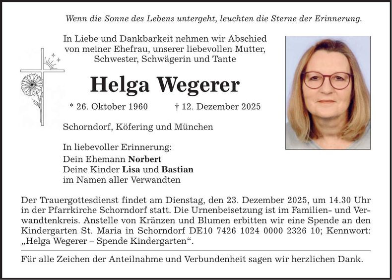 Traueranzeige Wegerer Helga