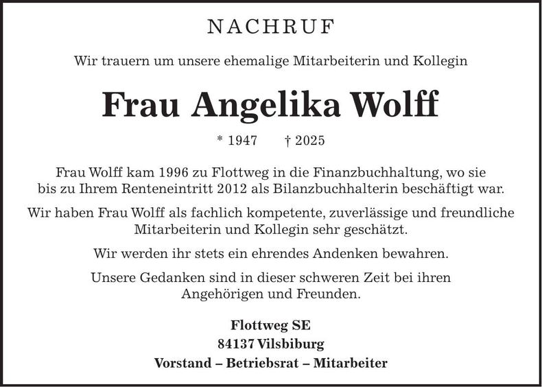 Traueranzeige Angelika Wolff