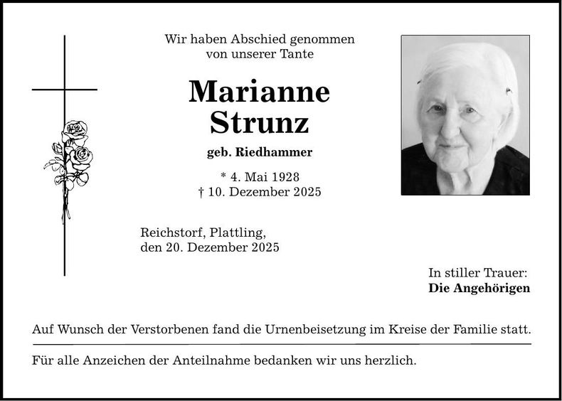 Traueranzeige Marianne Strunz