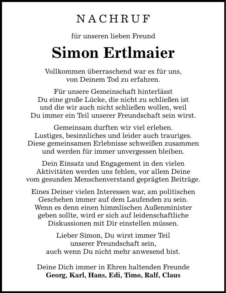 Traueranzeige Simon Ertlmaier