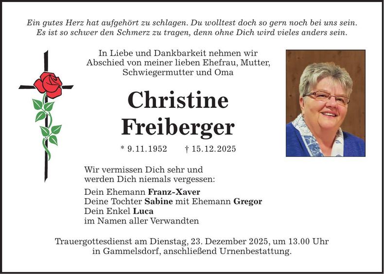 Traueranzeige Christine Freiberger