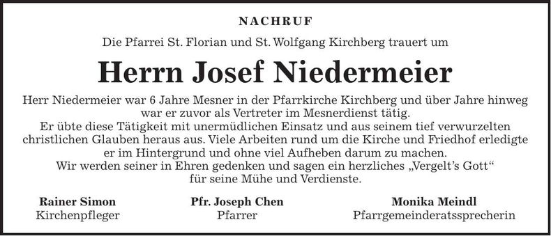 Traueranzeige Josef Niedermeier