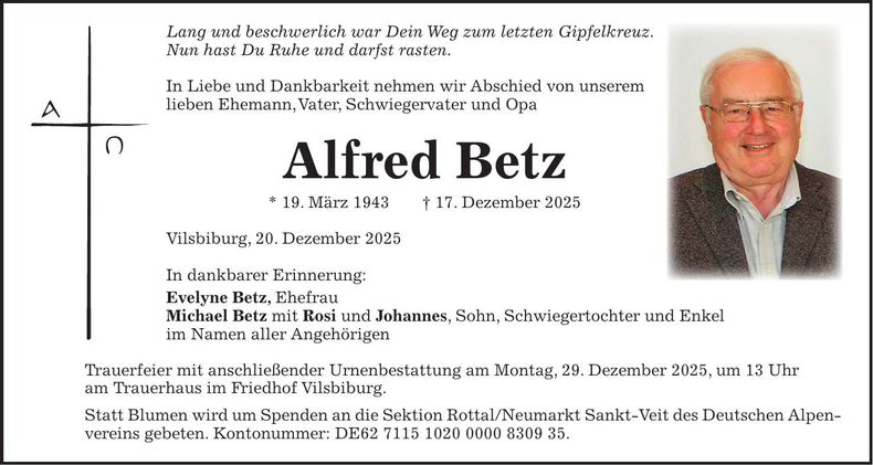 Traueranzeige Alfred Betz