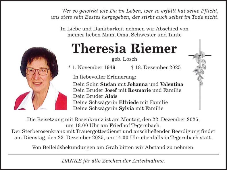 Traueranzeige Theresia Riemer