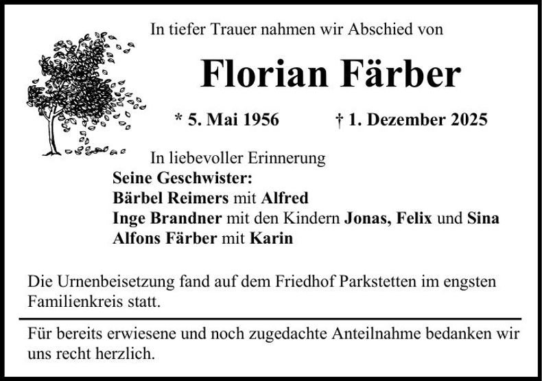 Traueranzeige Florian Färber