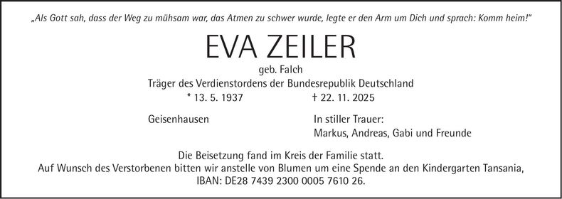 Traueranzeige Eva Zeiler