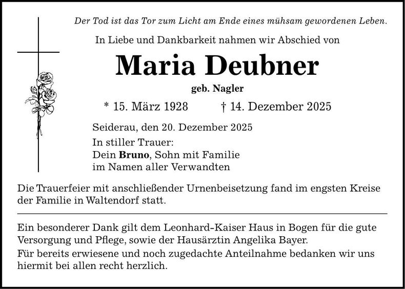 Traueranzeige Maria Deubner