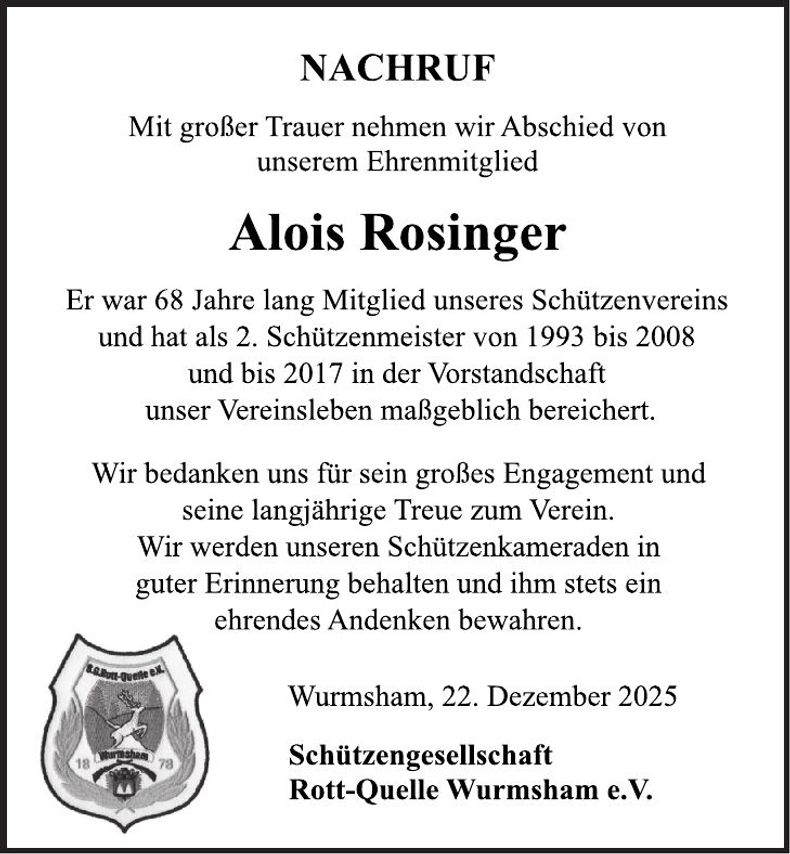 Traueranzeige Alois Rosinger