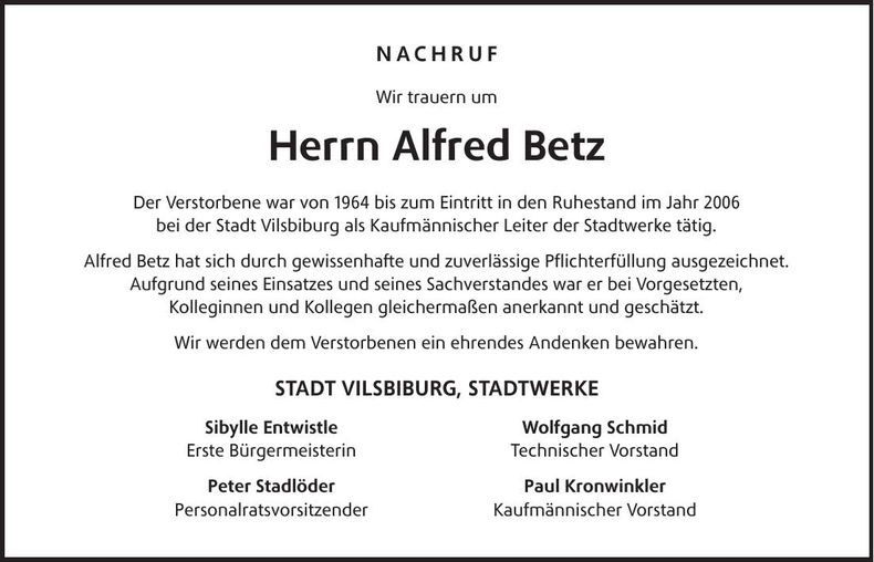 Traueranzeige Alfred Betz