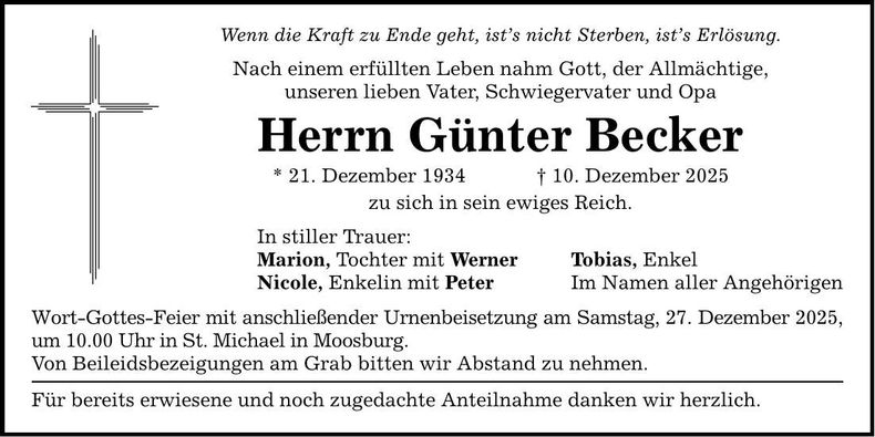 Traueranzeige Günter Becker