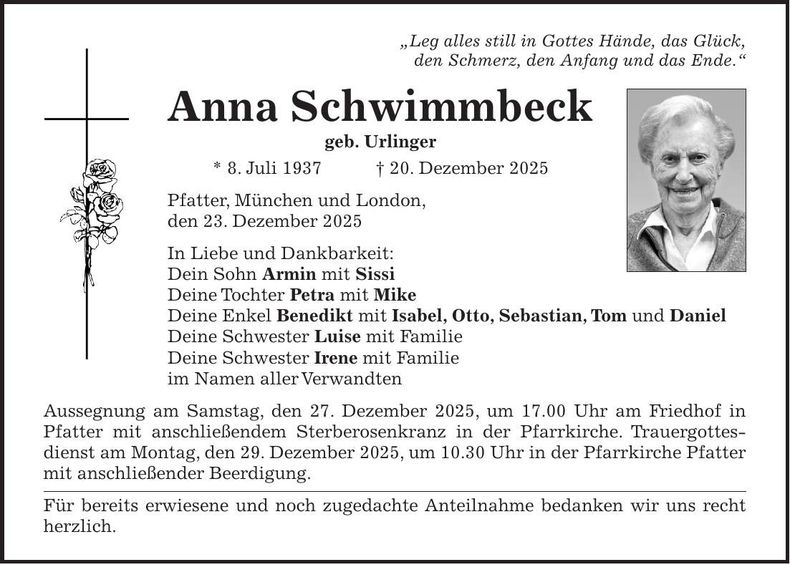 Traueranzeige Anna Schwimmbeck