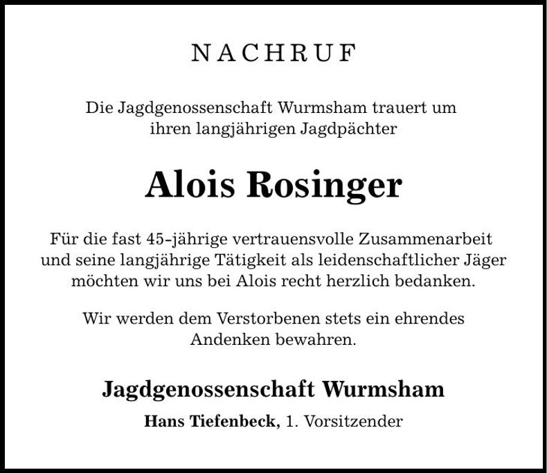 Traueranzeige Alois Rosinger