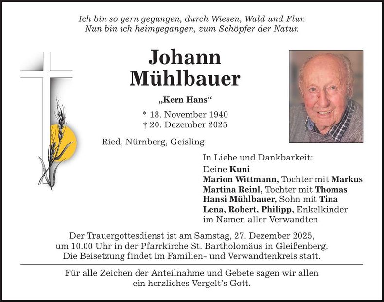Traueranzeige Johann Mühlbauer