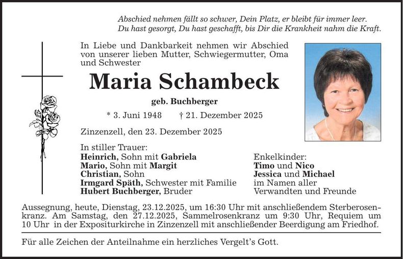 Traueranzeige Maria Schambeck