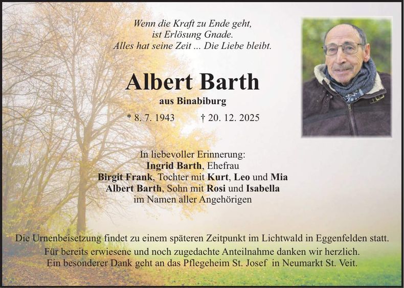 Traueranzeige Albert Barth