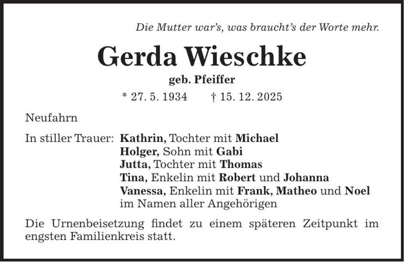 Traueranzeige Gerda Wieschke
