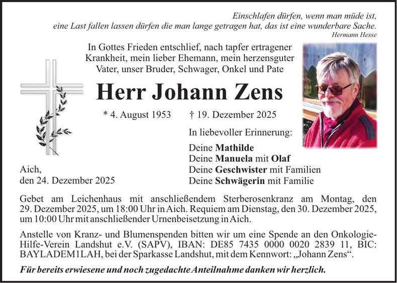 Traueranzeige Johann Zens